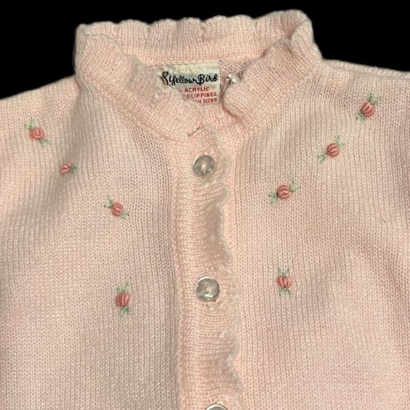 Vintage Little Girls Pink Cardigan Rose Detail Ruffle MOP Buttons Adorab… - Picture 2 of 10